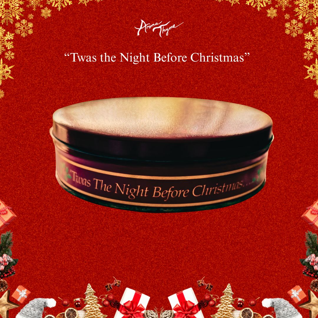 Decorative tin with 'Twas the Night Before Christmas' text on a red background with festive elements.