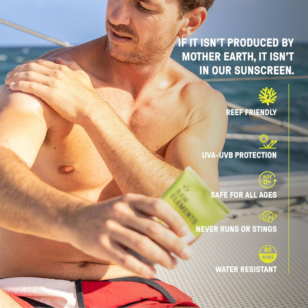 Man applying sunscreen on a boat with product features listed.
