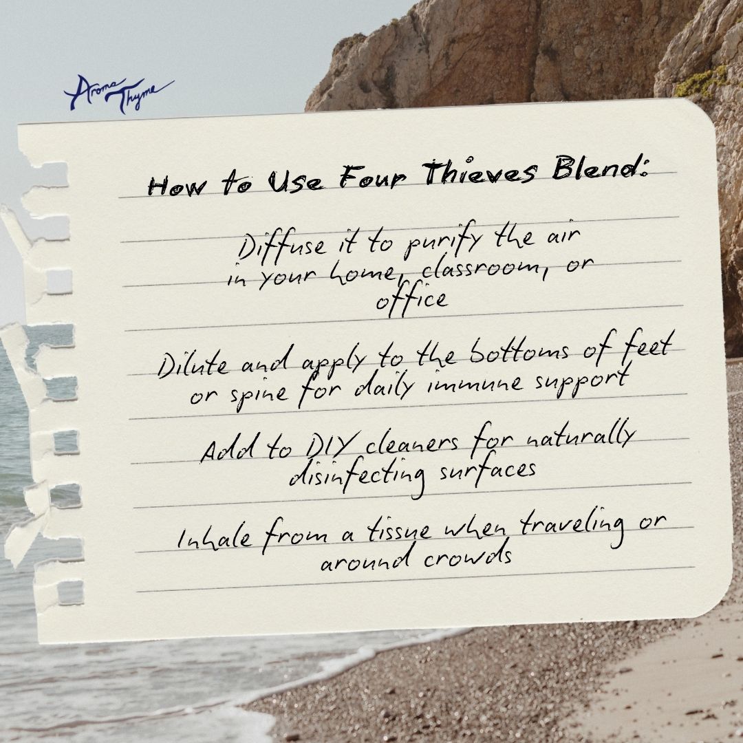 Note with instructions on how to use Four Thieves Blend against a natural background