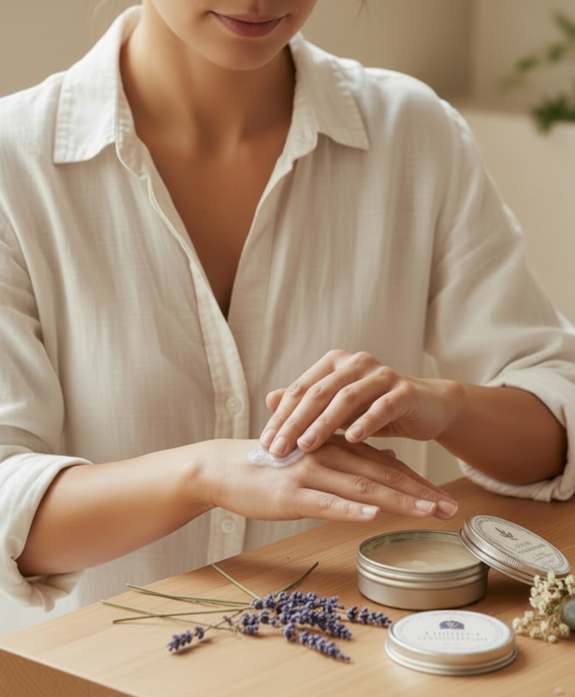A woman in a cream-colored linen shirt applies a white cream from a small round metal tin onto her hand, seated at a light wood table with dried lavender sprigs and more product tins nearby.