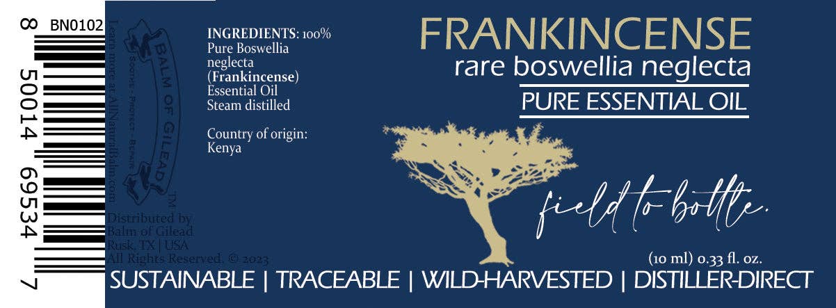 Label of Frankincense Boswellia Neglecta pure essential oil with tree illustration on a blue background