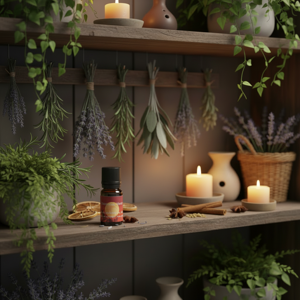 A small amber essential oil bottle with a black cap and a round label sits on a rustic wooden shelf surrounded by dried lavender bundles, lit candles, herbs, cinnamon sticks, and ceramic vases in a warm, cozy setting.