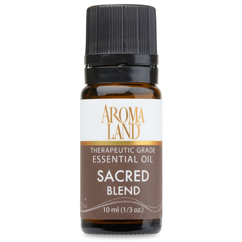 A 10 ml bottle of Aroma Land Sacred Blend Therapeutic Grade Essential Oil on a solid white background.